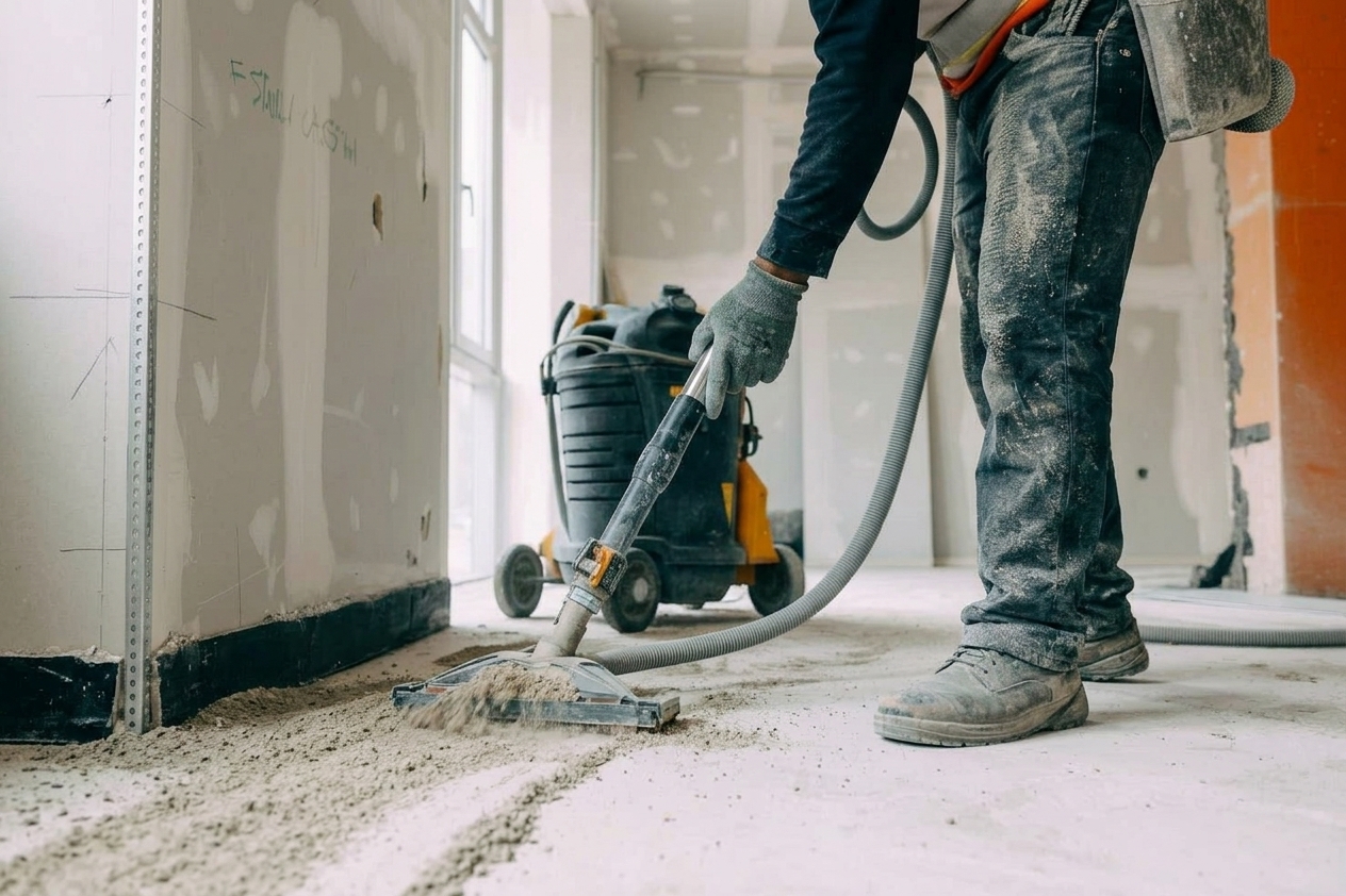FORMA crew vacuuming construction dust during a post-construction clean in Edmonton