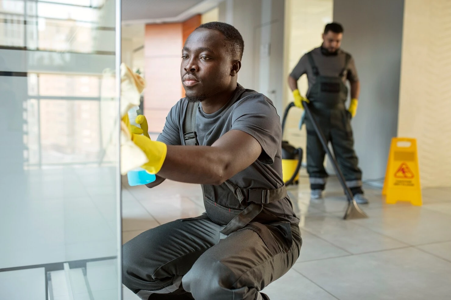 Cleaner running a floor machine across a finished tile lobby before handover
